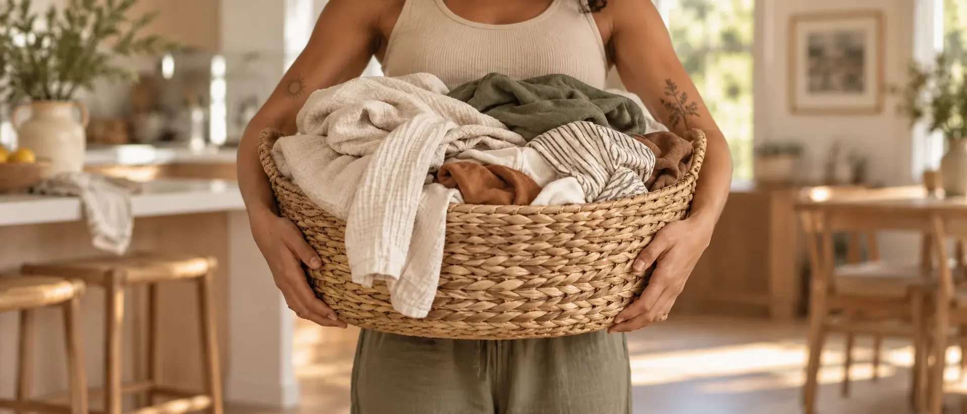 Person holding a woven basket filled with folded laundry