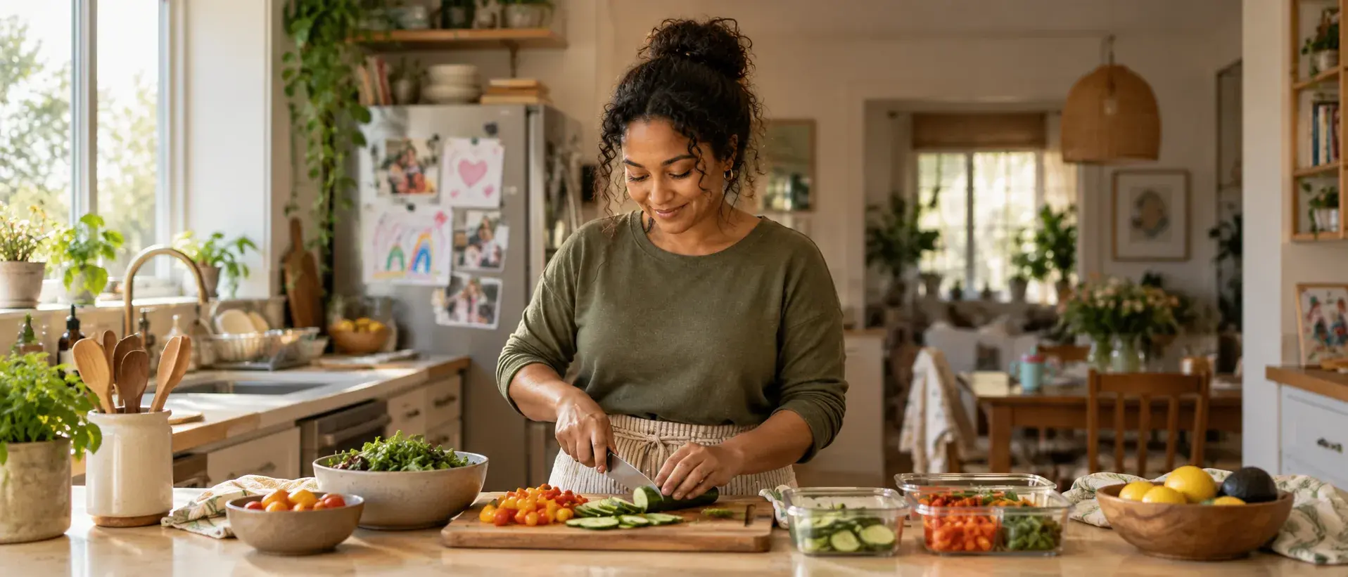 Person slicing cucumber while preparing vegetables at a kitchen counter