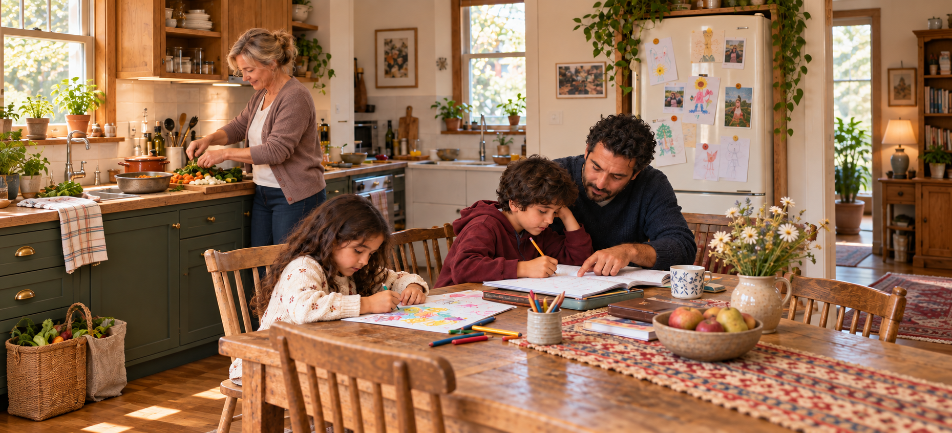 Father helping children with homework at the table while someone prepares food in the kitchen