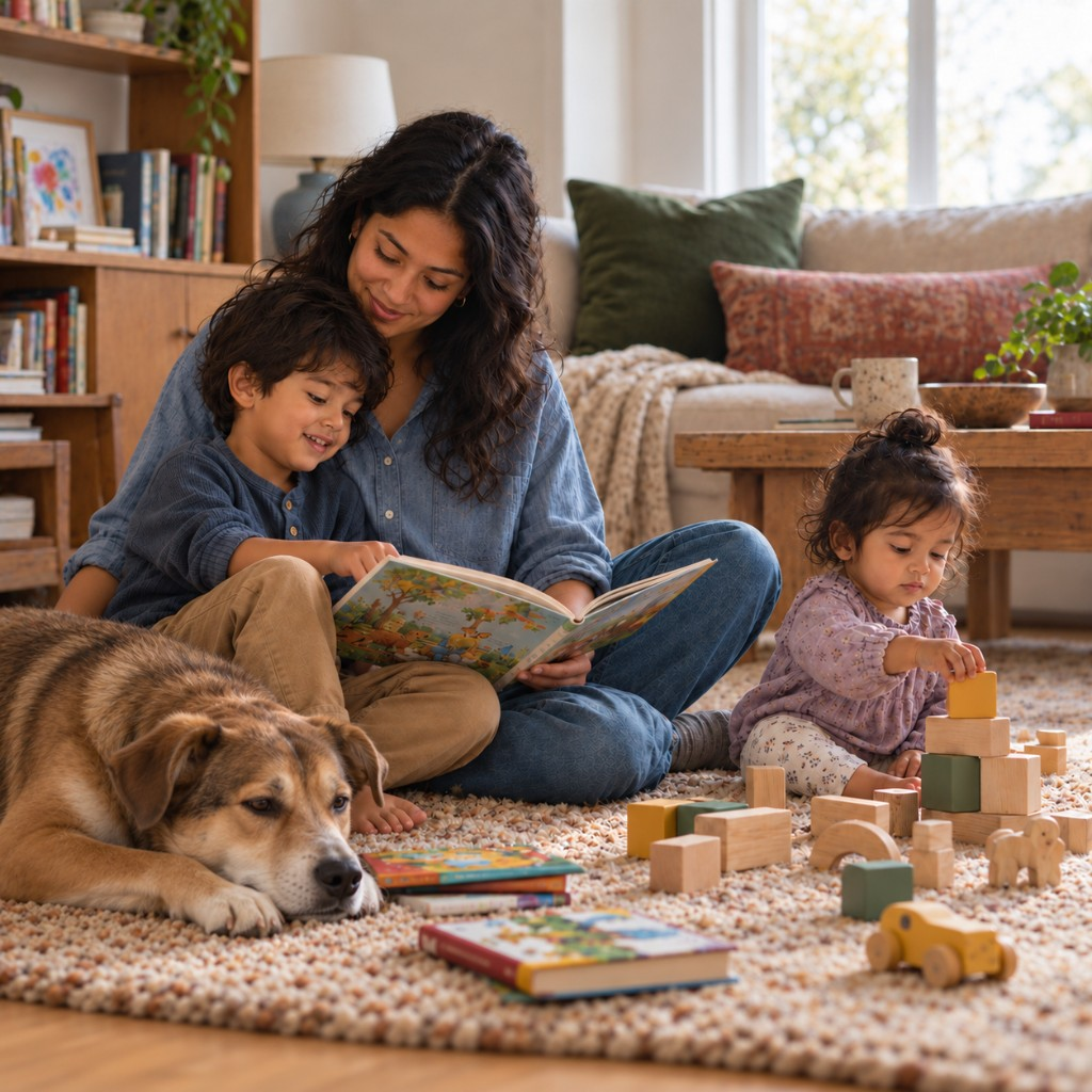 Mother reading a picture book with two young children and a dog on a living room rug