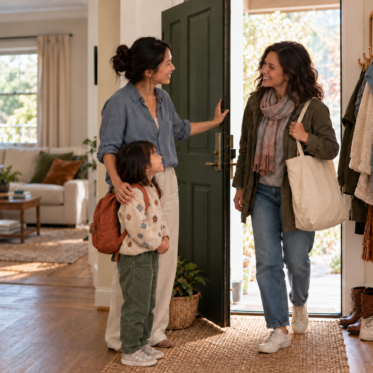 Parent and child greeting a Helper at the front door
