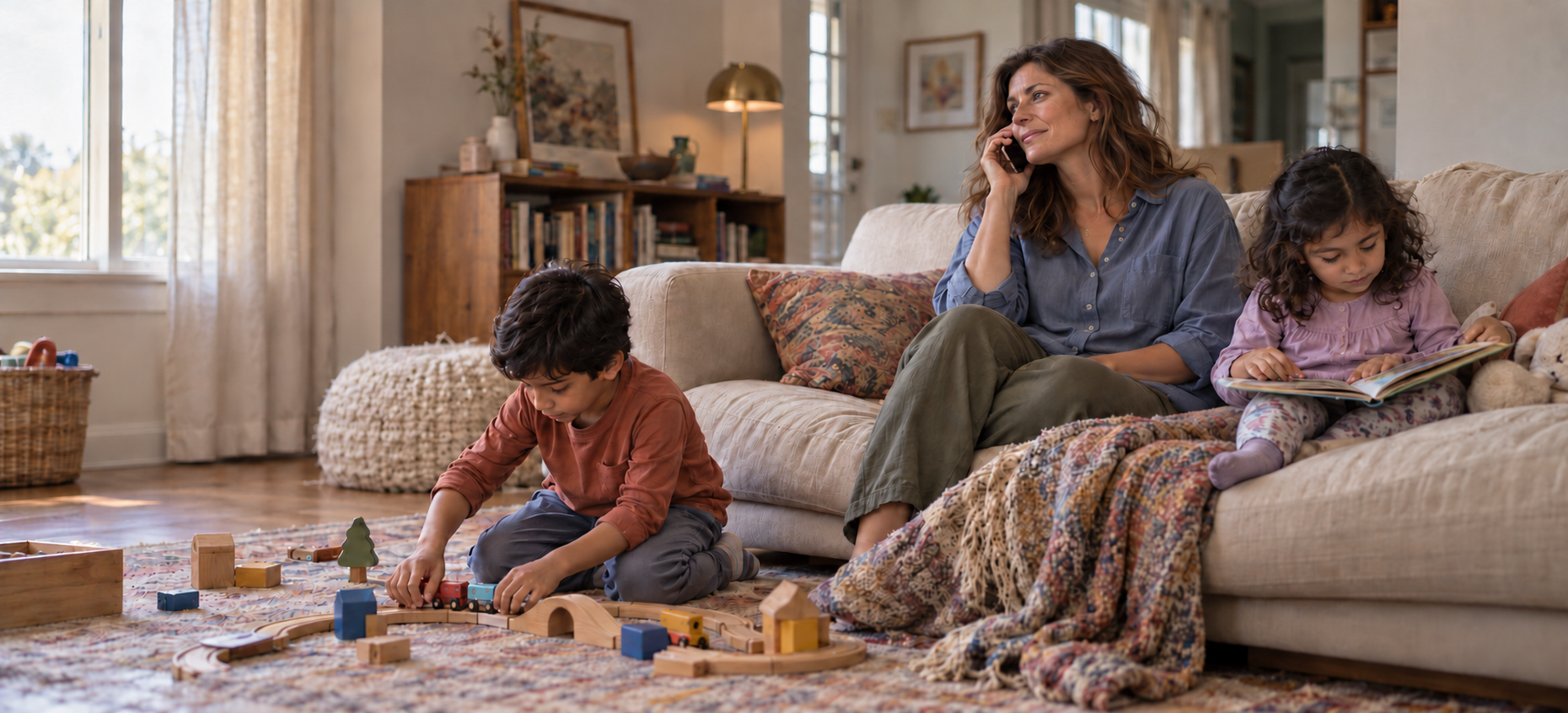 Mother talking on the phone while two children play and read in the living room