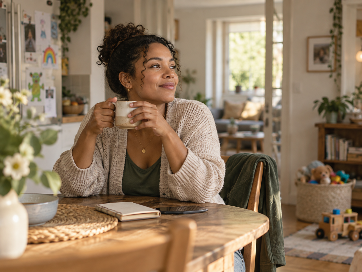 A woman sitting at a kitchen table, holding a coffee mug.